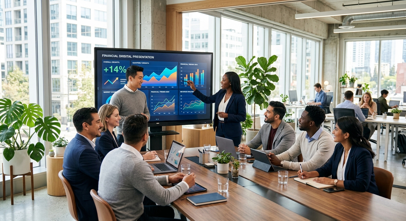 A diverse team in a modern office reviews abstract financial graphs on a digital screen, surrounded by natural light and indoor plants.