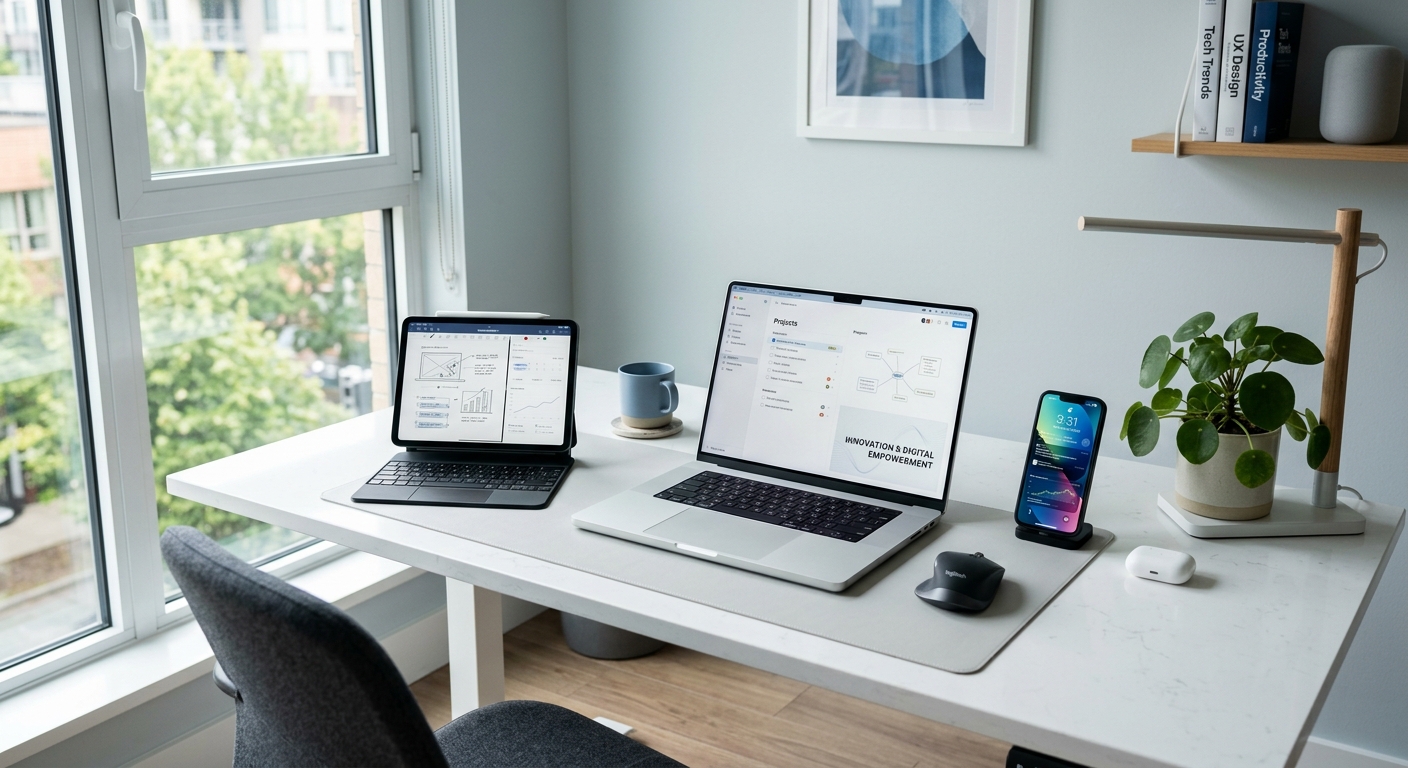 Modern workspace with laptop, tablet, smartphone on minimalist desk; natural light, calming blues, whites, and a green potted plant.