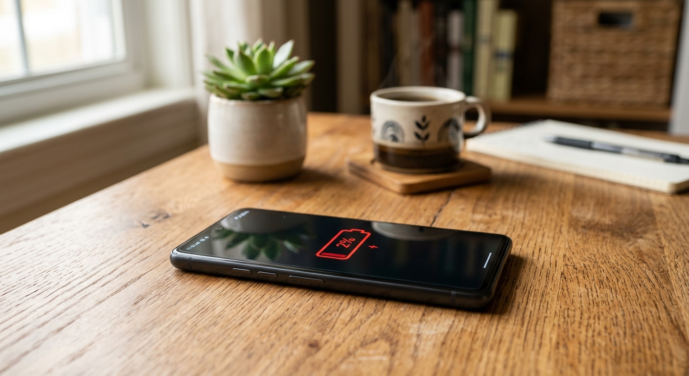 Smartphone on wooden desk showing low battery icon, surrounded by a cozy home office setting with a plant and coffee cup.